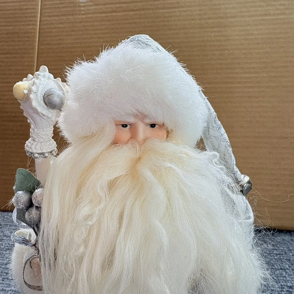 Vintage Old World Santa Tree Topper White Silver Fur Trim Holiday Decor Figurine